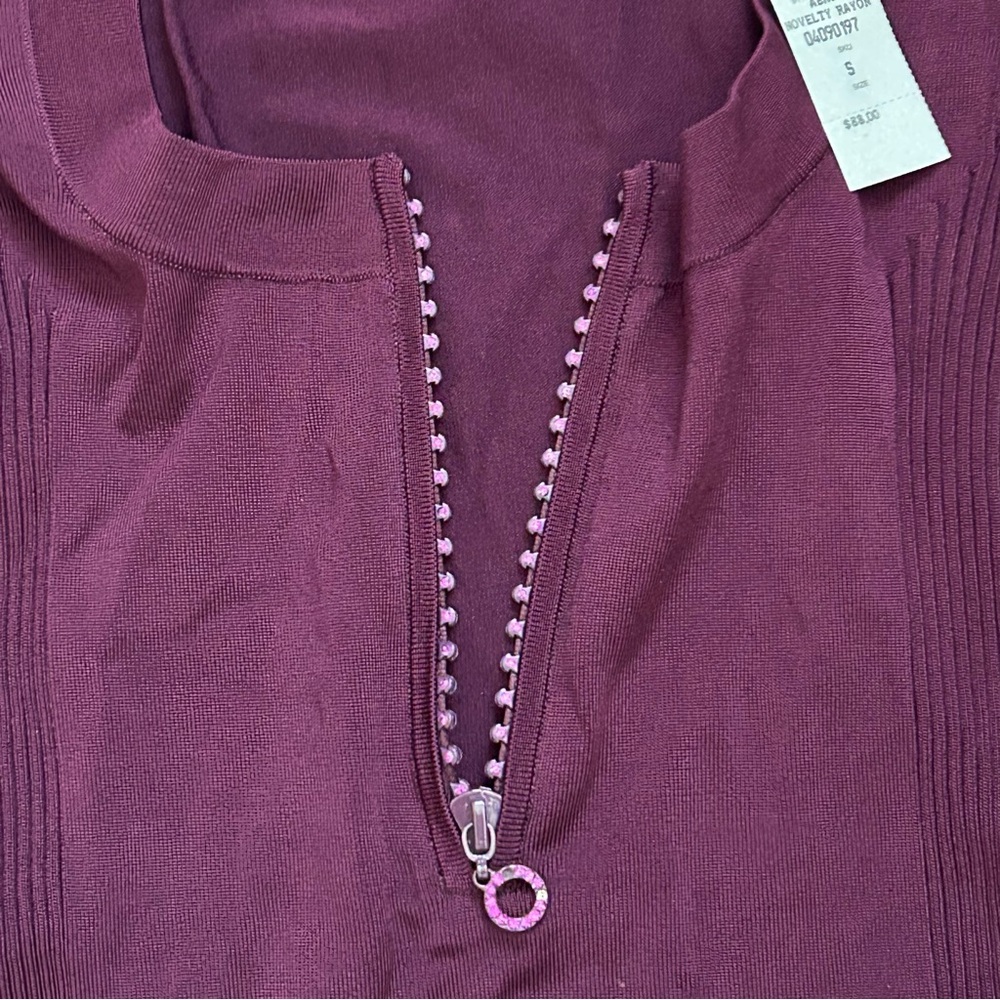 Cache Purple Rhinestone Zipper Rib Knit Long Sleeve Top Stretch S Cotton Spandex - Picture 4 of 7